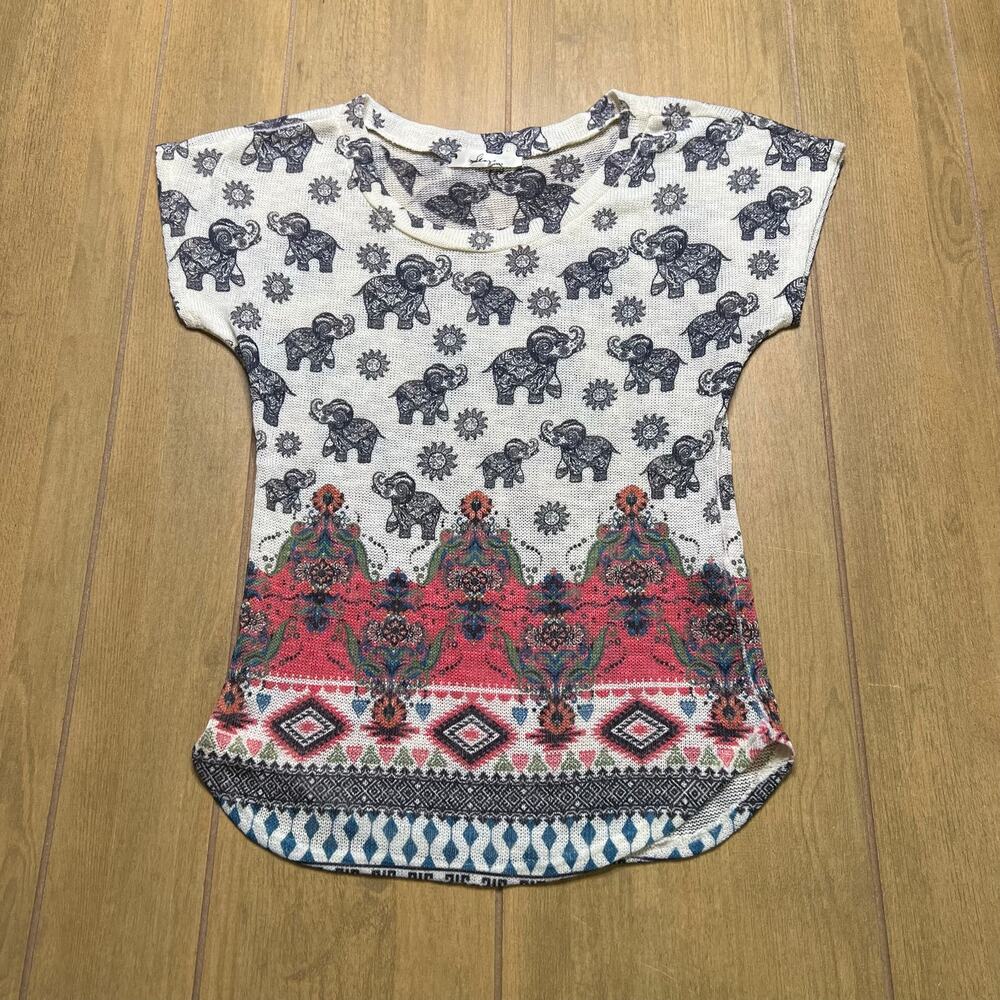 Gaze USA Elephant Print Boho Knit‎ Top Women’s XS Tribal Festival Made USA boho